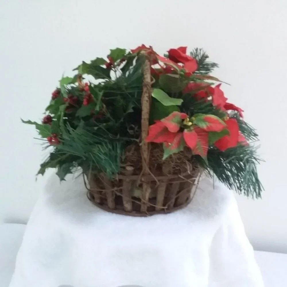 Christmas Grapevine BASKET Poinsettia Holly Berry Evergreen Holiday Décor